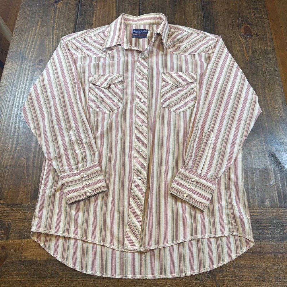 Wrangler Mens Western Pearl Snap Shirt Red Tan Striped X-Long Tails 17-34 XL VTG